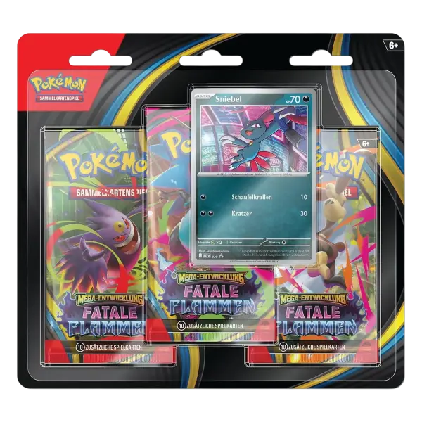 Pok&eacute;mon Mega-Entwicklung: Fatale Flammen (ME02) 3-Pack Blister &ndash; Sniebel &ndash; Deutsch